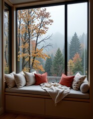 Cozy Window Seat with Pillows and Blanket Overlooking Autumn Forest on a Foggy Day