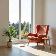 Serene Interior with Armchair, Book, and Nature View: A Quiet Moment of Relaxation and Comfort in Minimalist Style