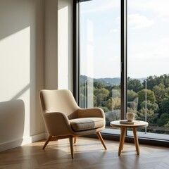 Serene Reading Nook: Armchair, Book, and Coffee by a Window Overlooking Nature, Perfect for Relaxation and Peaceful Quiet Moments.