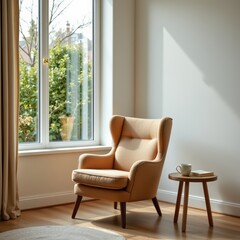 Cozy Armchair by the Window with Book and Mug - A Serene Indoor Scene for Relaxation and Quiet Moments at Home