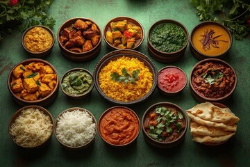 Top view of various Indian curry dishes, rice bowls, naan bread, and chutneys arranged on a rustic green surface evoking warmth and appetite