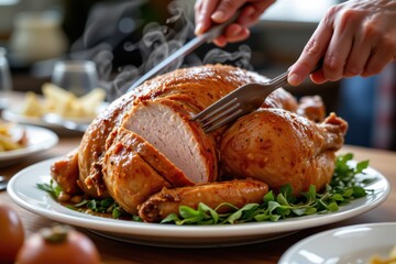 Slicing a Juicy Thanksgiving Turkey with Knife and Fork, Steam Rising, Close-up on Delicious Roasted Meat and Festive Holiday Dinner