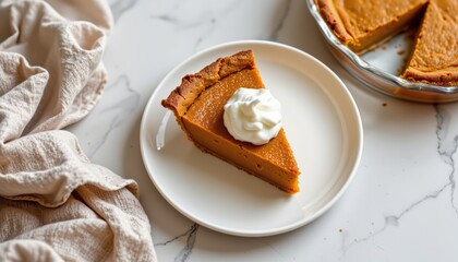 Slice of Delicious Pumpkin Pie with Whipped Cream on White Plate, airy background for holiday dessert advertisements
