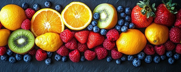 Colorful assortment of fresh strawberries, raspberries, blueberries, kiwis, oranges, lemons, and mandarins arranged in a horizontal line on a dark textured surface