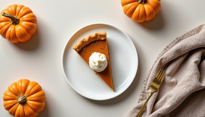 Delicious slice of pumpkin pie with whipped cream on a white plate, surrounded by mini pumpkins for autumn and Thanksgiving stock photos