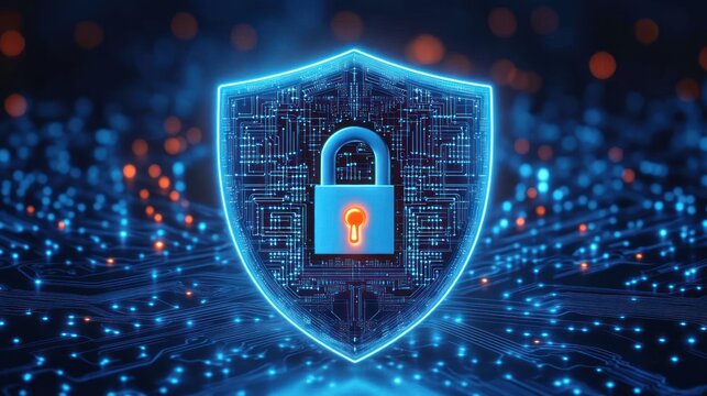 Glowing digital shield with a secure lock symbolizing cybersecurity and data protection with neon blue and orange circuit board background and bokeh light effects