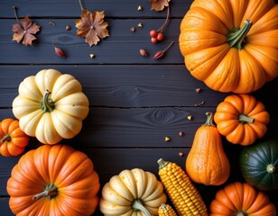Flat Lay of Autumn Harvest Vegetables: Pumpkins, Gourds, Corn, and Squash on Rustic Dark Wood for Thanksgiving and Fall