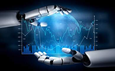 Robotic hands physically engage with a digital globe, showcasing financial data trends and the interplay between technology and global economies in a captivating visual. Scalp