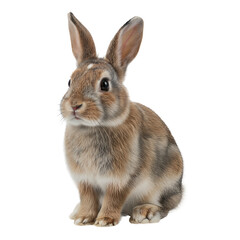 Obraz premium Fluffy brown rabbit or bunny sitting patiently, isolated on a transparent background, ready for use as a cute design element for spring and Easter projects.