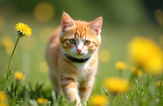 Ginger cat walks through green meadow with blooming dandelions. Orange tabby cat wears white collar, enjoys warm sunny day outdoors. Domestic pet explores wildflowers in field. Whiskers. Cute feline - Powered by Adobe