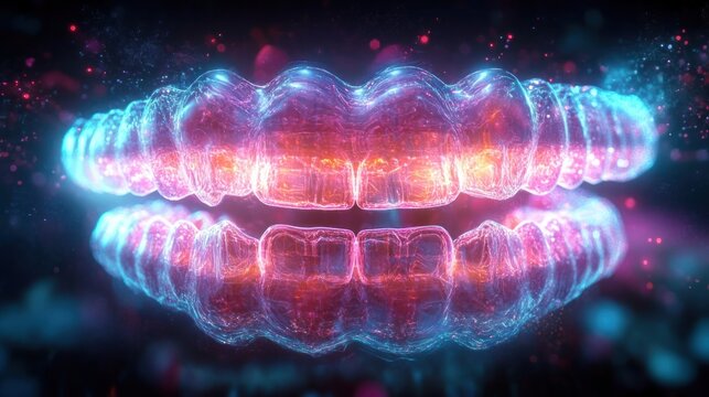 Glowing transparent dental aligners positioned in front of each other with bright neon blue and pink light accents in a dark space