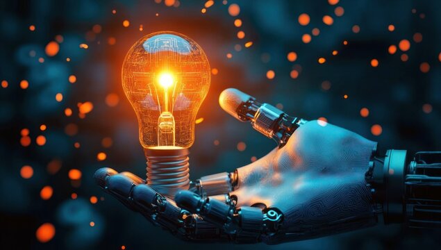 metallic robotic hand holding glowing light bulb with digital circuitry inside surrounded by floating orange particles symbolizing innovation and technology