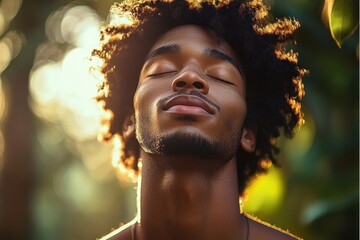 Close-up of a young man with closed eyes and a serene expression enjoying sunlight with a blurred natural background