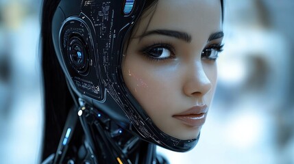 Close-up of a futuristic female humanoid robot with sleek black mechanical components and realistic human facial features showing a calm and thoughtful expression