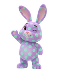 Obraz premium Cheerful 3D fuzzy Easter rabbit character with purple and turquoise polka dots waving hello and winking, isolated on a transparent background