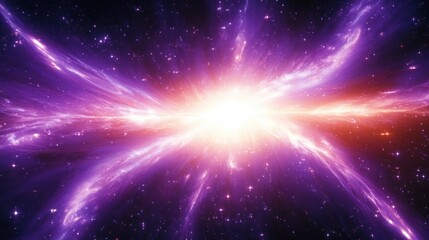 Obraz premium A bright, radiant explosion of light in deep space with purple and orange cosmic clouds and scattered stars creating a surreal, energetic cosmic scene