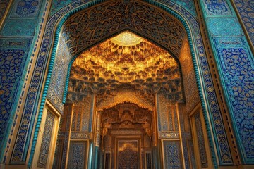 Intricately detailed ornate interior of a historical building with blue and gold mosaic tiles and a stunning honeycomb patterned ceiling illuminated warmly