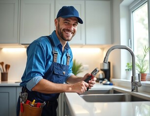 Smiling plumber in blue overalls holds wrench near new kitchen sink. Pro worker installs faucet in modern home. Man smiles at camera, ready for plumbing jobs.