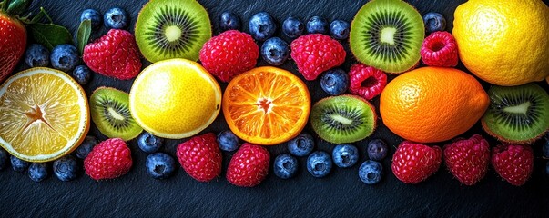 Fresh vibrant assortment of sliced citrus fruits, kiwi, blueberries, and raspberries arranged on a dark textured surface evoking freshness and health