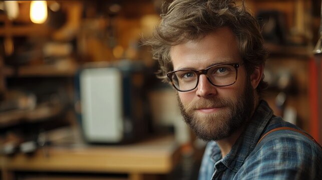 Young man with glasses and a beard smiling warmly in a workshop filled with wooden tools and furniture - Powered by Adobe