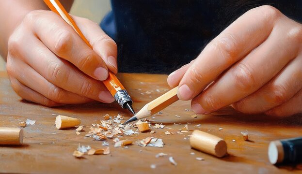 Close-up of hands sharpening a pencil using another pencil's sharpened tip on a wooden surface with pencil shavings scattered around