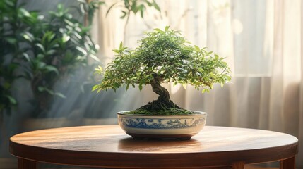 Small bonsai tree with lush green leaves in a decorative ceramic pot placed on a wooden table with soft natural light and curtains in the background