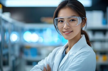 Confident young female scientist wearing protective goggles and lab coat smiling in a bright modern laboratory