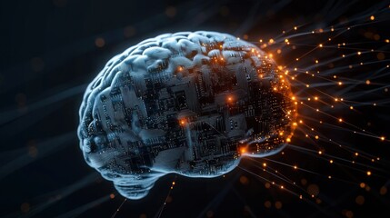 Futuristic representation of a human brain with digital circuit patterns and glowing orange light nodes symbolizing neural connections and data flow
