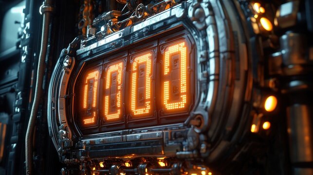 Close-up of a futuristic machine panel with glowing orange digital numbers displayed on a mechanical steampunk device with intricate gears and metal details
