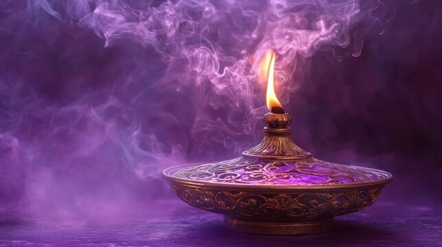 Ornate metal oil lamp with a lit flame surrounded by swirling purple smoke on a dark background - Powered by Adobe