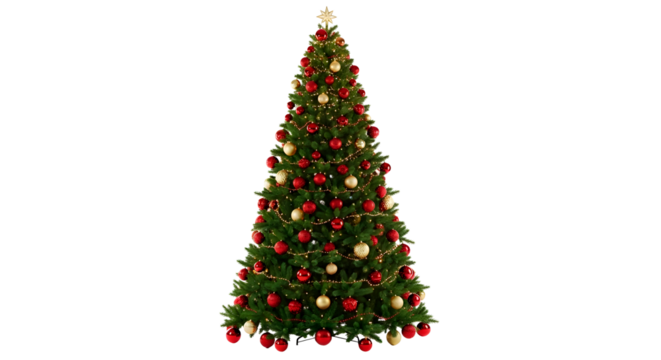Decorated christmas tree isolated on transparent background