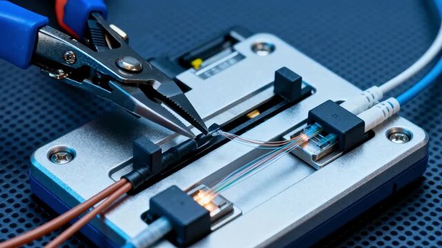 Closeup on specialized tools splicing fiber optic cables during installation of cuttingedge communication infrastructure