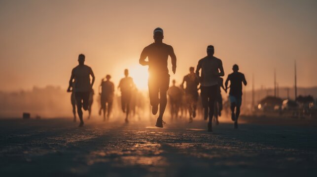Group of Runners Jogging on the Beach at Sunset with Backlighting and Warm Colors Creating an Energetic and Motivational Atmosphere