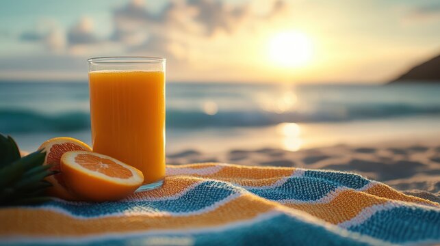 Glass of orange juice and sliced oranges on a colorful towel at the beach during a calm sunset - Powered by Adobe