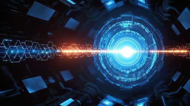 Futuristic glowing blue circular technology interface with interconnected hexagonal digital elements and bright central light emitting energy beam