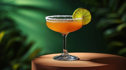 orange cocktail with salted rim and lime slice garnish on elegant glass displayed on brown surface with green leafy background