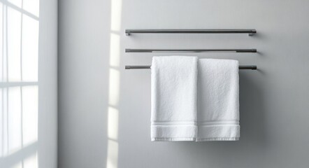Two clean white towels hanging neatly on parallel metal towel racks against a smooth light gray wall with soft sunlight streaming through a window