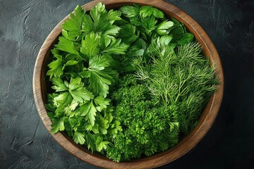 Fresh green herbs including flat-leaf parsley, curly parsley and dill arranged in a round wooden bowl on a dark textured background