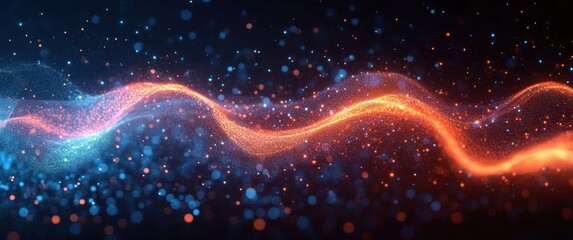 Abstract flowing wave of particles with glowing orange and blue colors on a dark background, conveying motion and energy