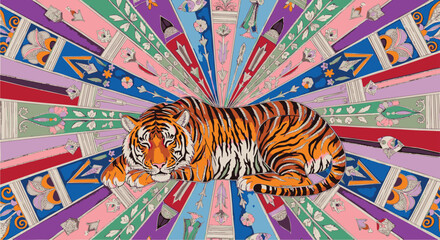 Serene Tiger Amidst Kaleidoscope A Vibrant Animal Artwork