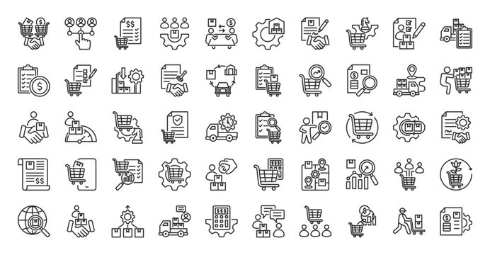 Purchasing icon set outline containing procurement, supplier, selection, order, vendor, management, inventory, agreement, sourcing, evaluation, fulfillment, payment term, requisition, replenishment