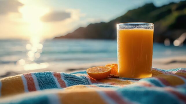 Glass of orange juice and halved orange on a colorful towel with a blurred beach and sunset background creating a calm and refreshing atmosphere
