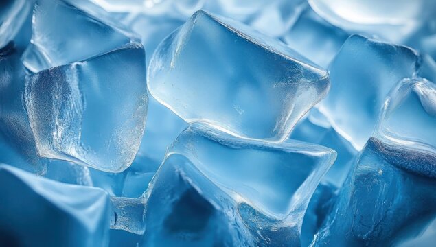 Close-up view of multiple translucent blue ice cubes stacked together with visible texture and reflections creating a cool and refreshing atmosphere