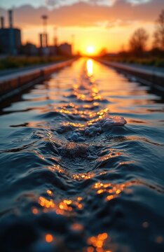 Water flows in wide concrete channel. Golden sunset light reflects brightly on moving water surface. Industrial buildings in blurred background. Ripples, aeration bubbles clearly show movement.