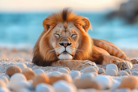 majestic lion with a golden mane resting peacefully with eyes closed on a rocky beach near calm blue water at sunset