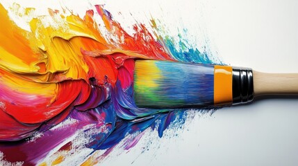 Close-up of a paintbrush spreading thick, vibrant rainbow-colored paint strokes on a white surface, evoking creativity and artistic expression