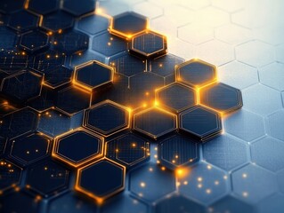 Futuristic glowing hexagonal grid with interconnected digital circuits and bright orange highlights on a dark blue metallic surface