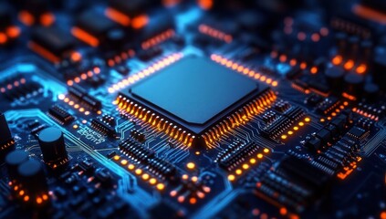 Close-up view of a glowing computer motherboard with a central processor chip and illuminated circuitry emitting blue and orange lights