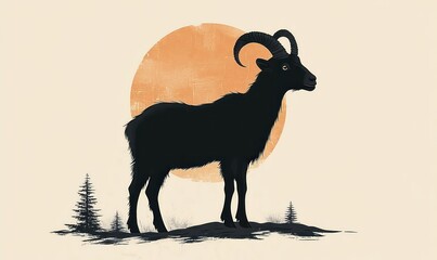 silhouette of a black mountain goat with curved horns standing on a rocky hill with pine trees and a large textured orange sun in the background