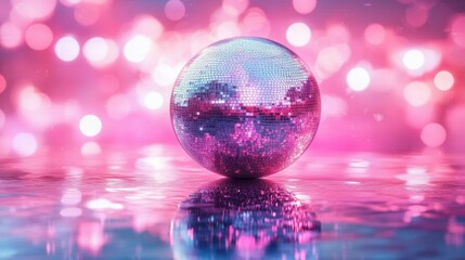 Shiny disco ball resting on a reflective surface with a vibrant pink and purple bokeh background creating a festive and glamorous atmosphere
